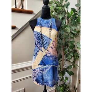 Fab'rik Women's Multicolor Polyester Round Neck Sleeveless Knee Length Dress M